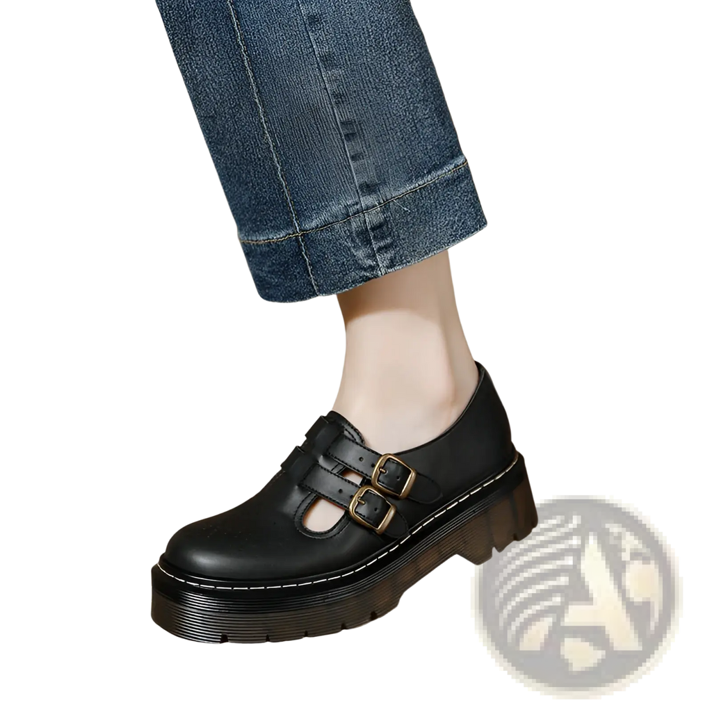 Black Leather Platform Brogue Mary Jane Shoes