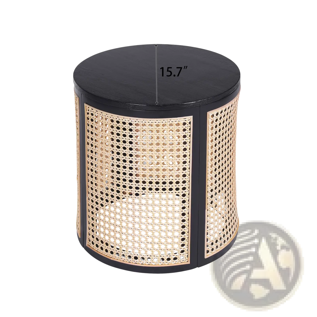Black Rattan End Table Round Woven Wood Nightstand
