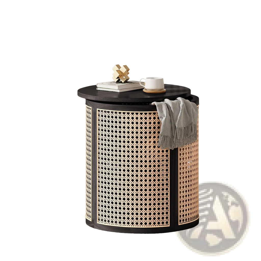 Black Rattan End Table Round Woven Wood Nightstand