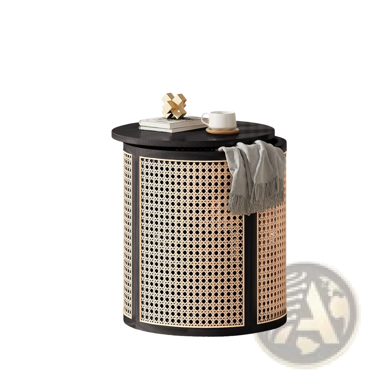 Black Rattan End Table Round Woven Wood Nightstand