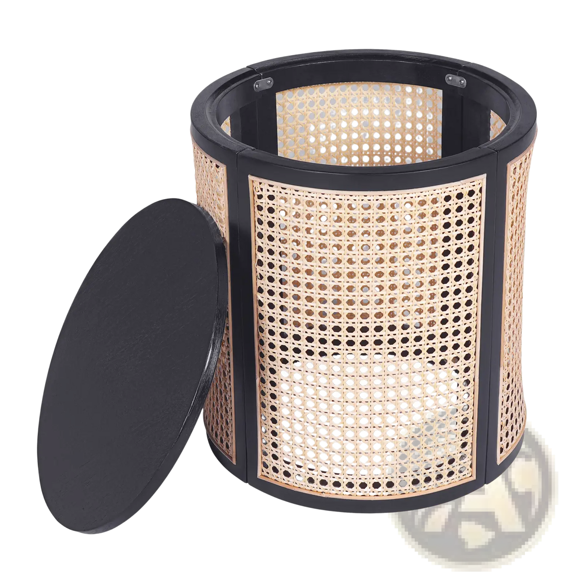 Black Rattan End Table Round Woven Wood Nightstand