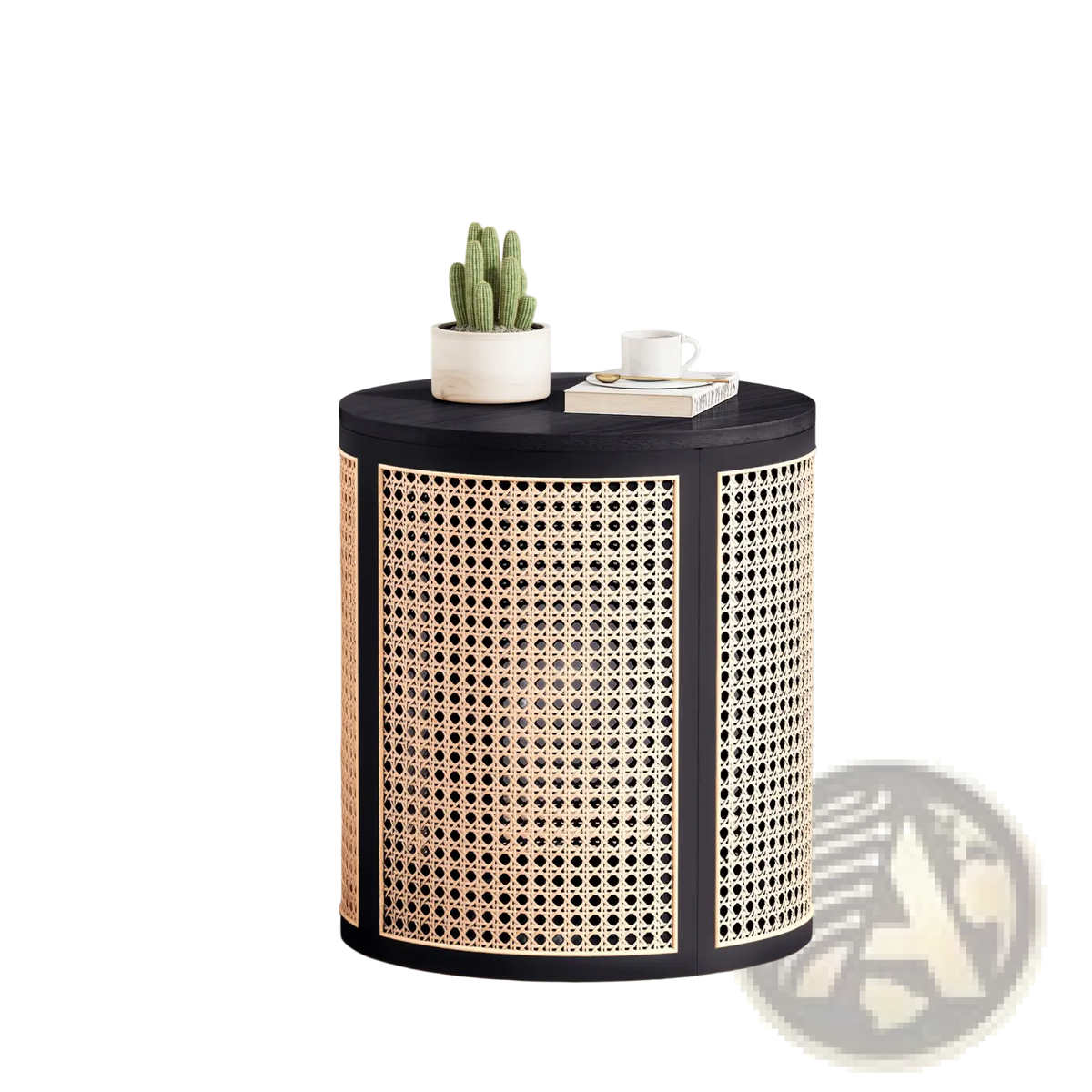 Black Rattan End Table Round Woven Wood Nightstand