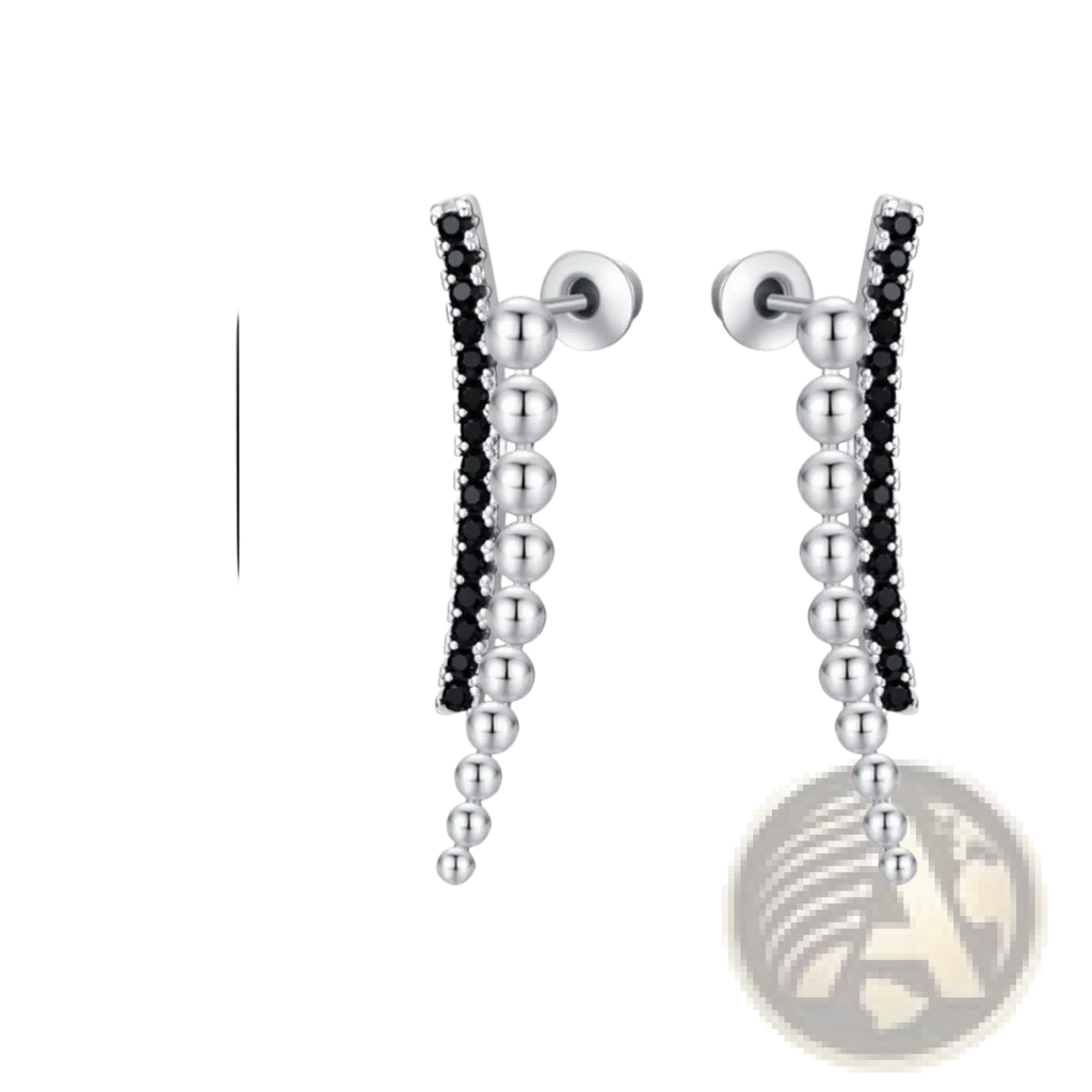 Black Zircon and Silver Beaded Cascading Drop Earrings