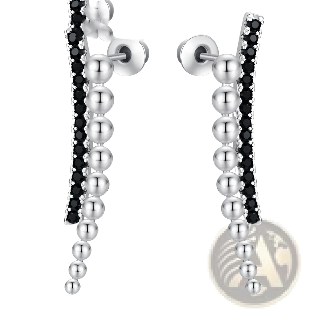 Black Zircon and Silver Beaded Cascading Drop Earrings
