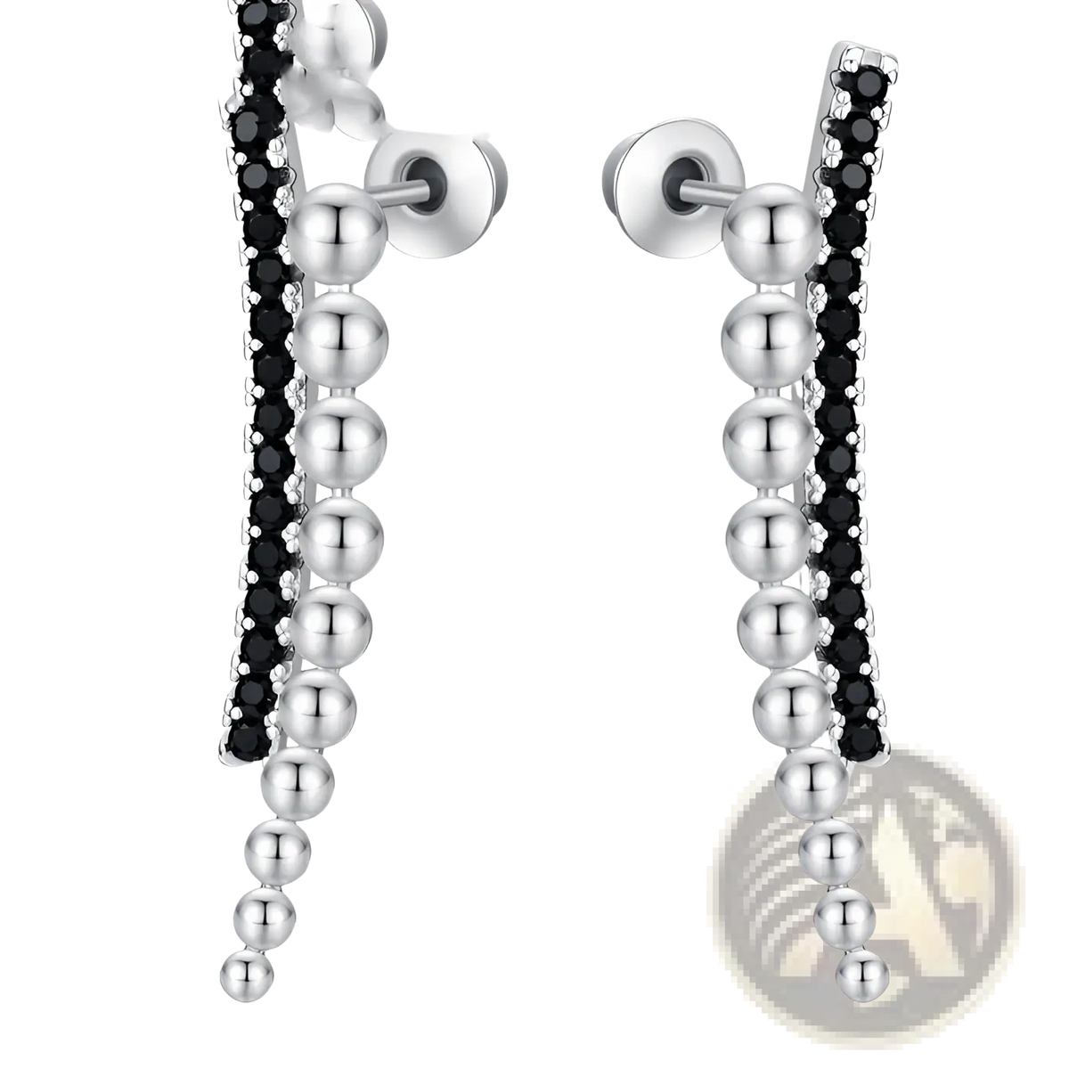 Black Zircon and Silver Beaded Cascading Drop Earrings