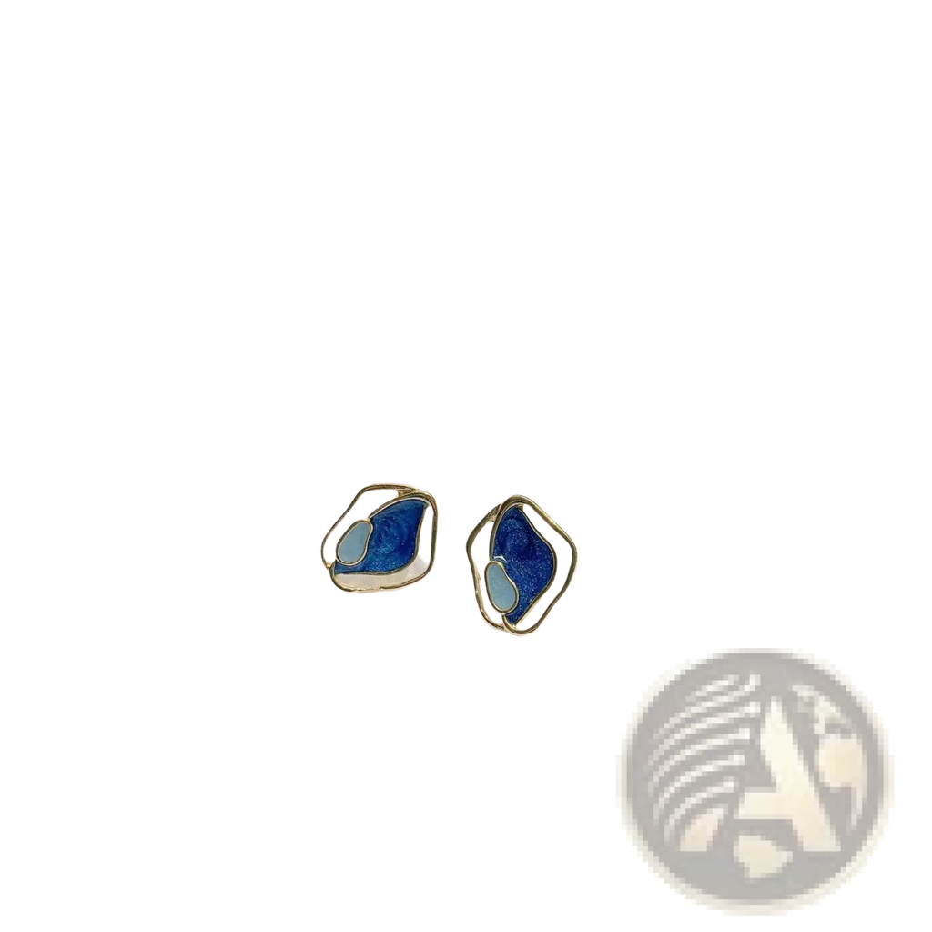 Blue Enamel Geometric Silver Stud Earrings with Gold Frames