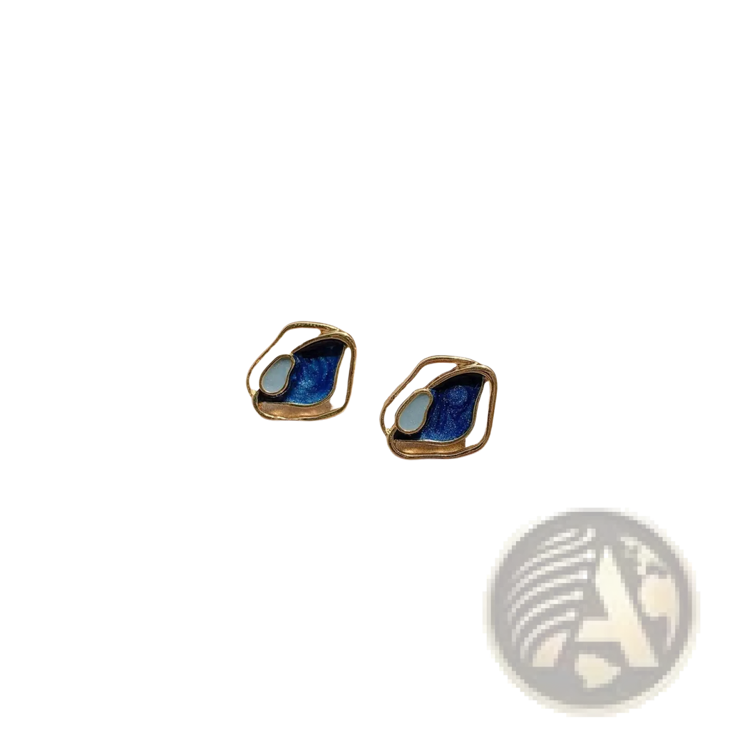 Blue Enamel Geometric Silver Stud Earrings with Gold Frames
