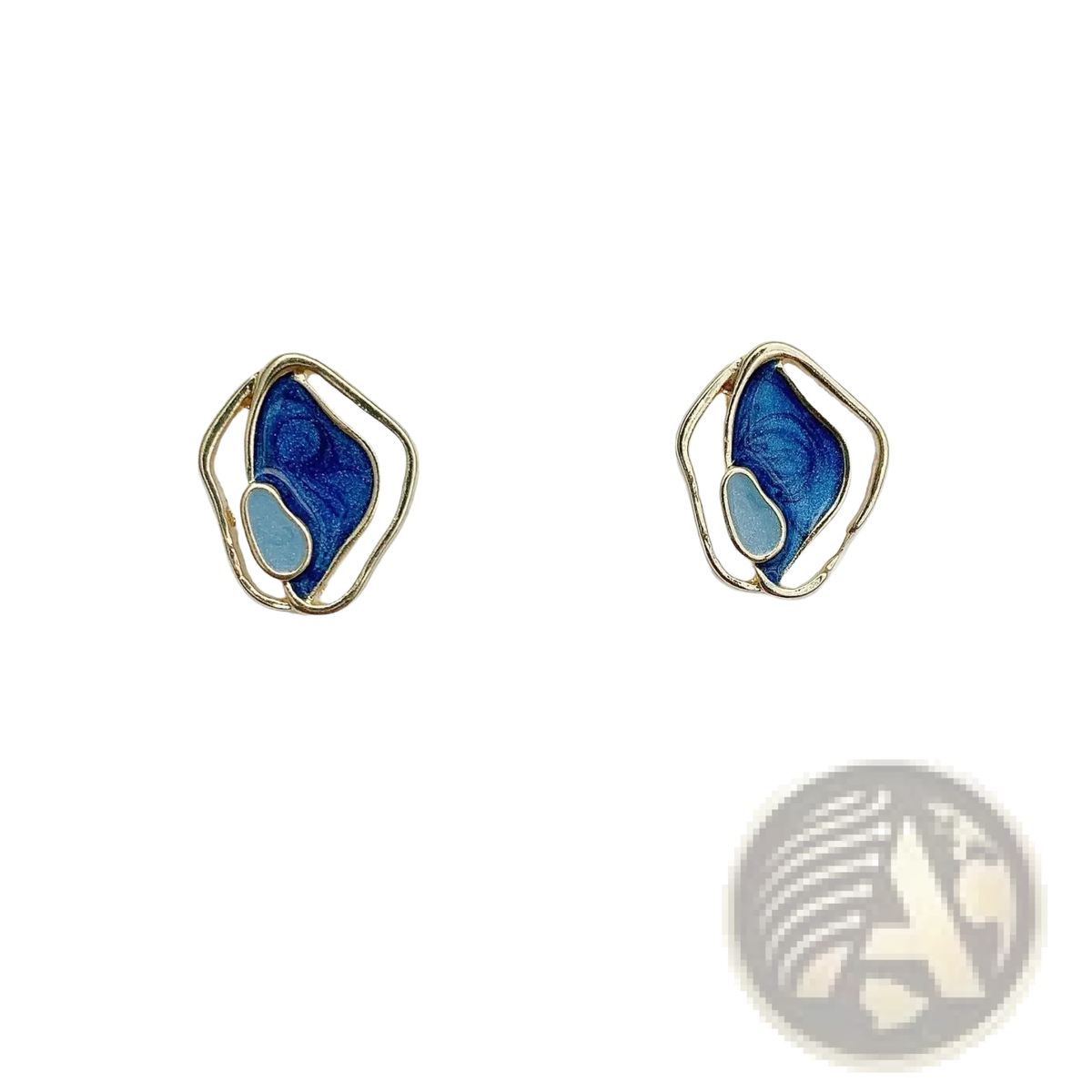 Blue Enamel Geometric Silver Stud Earrings with Gold Frames