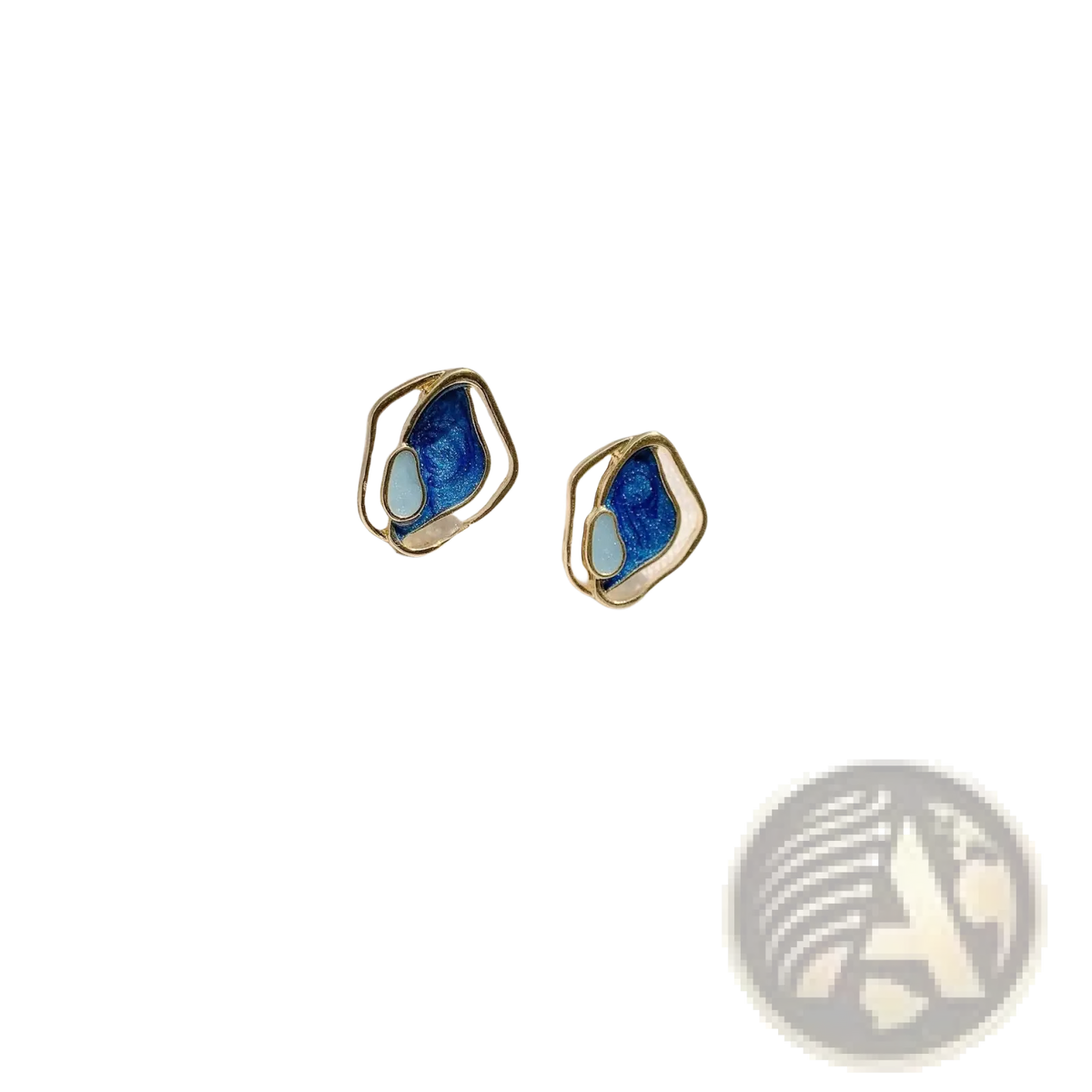 Blue Enamel Geometric Silver Stud Earrings with Gold Frames