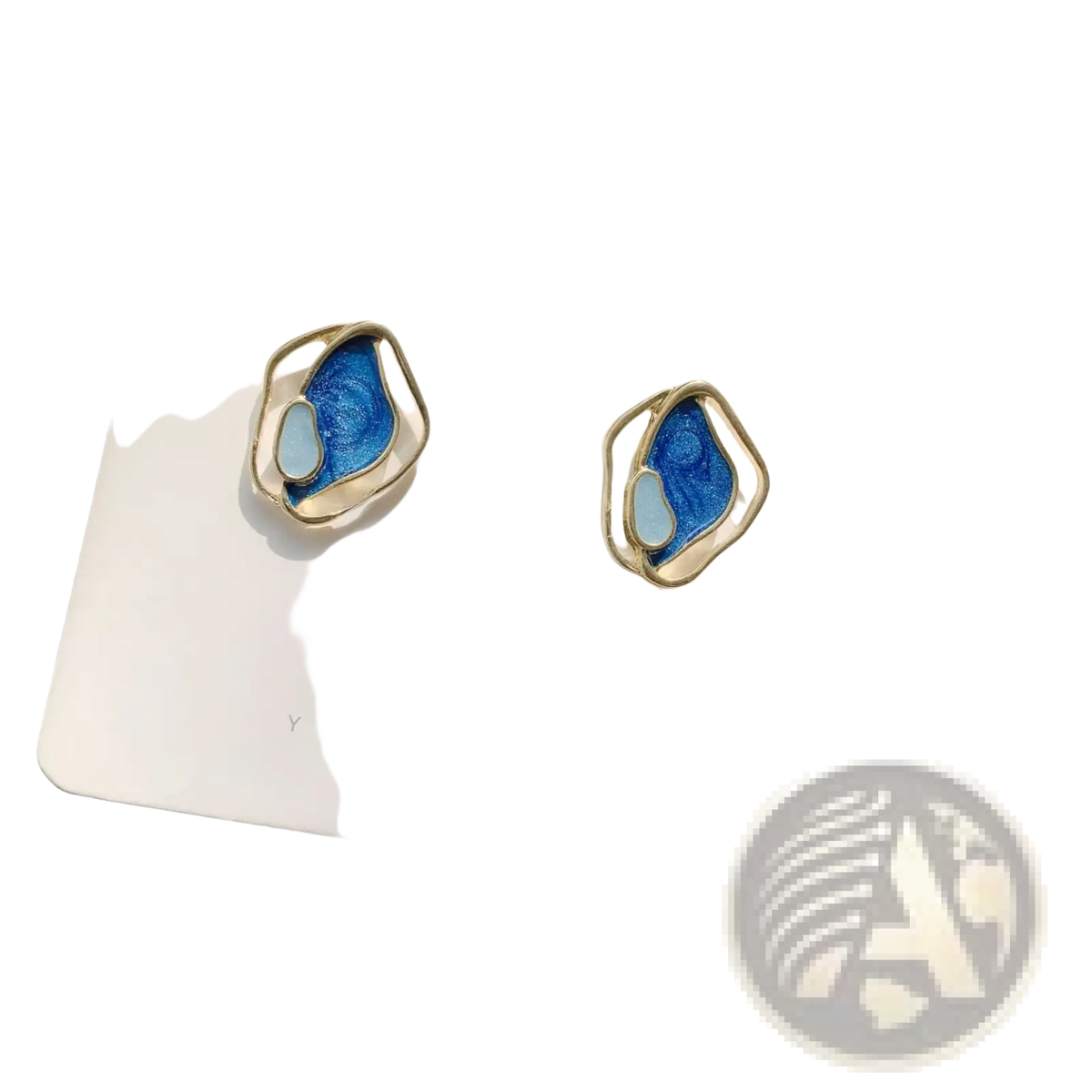 Blue Enamel Geometric Silver Stud Earrings with Gold Frames