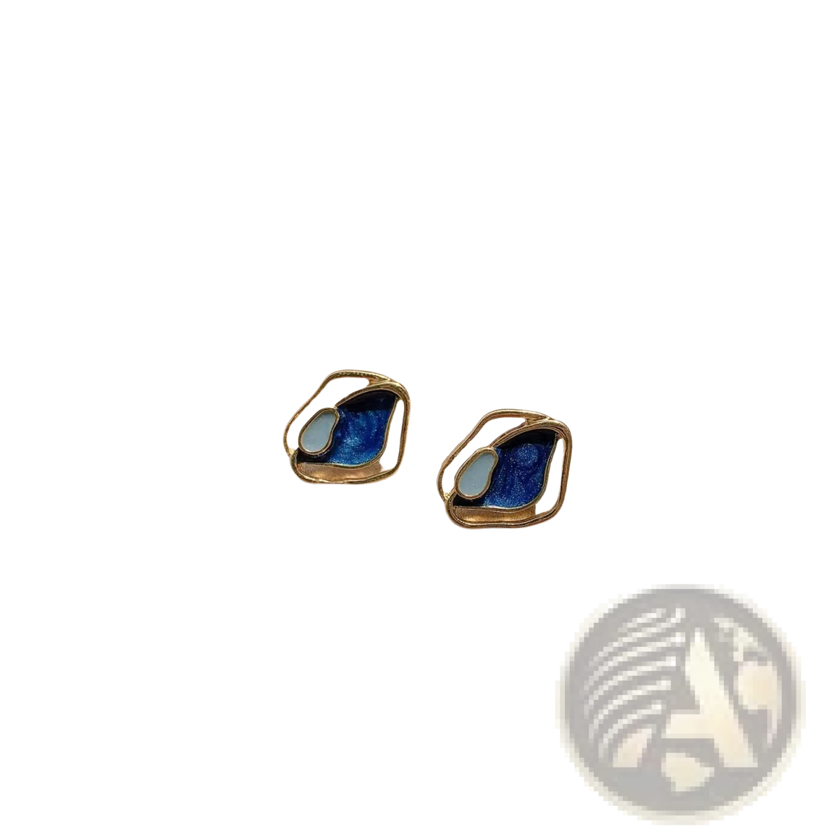 Blue Enamel Geometric Silver Stud Earrings with Gold Frames