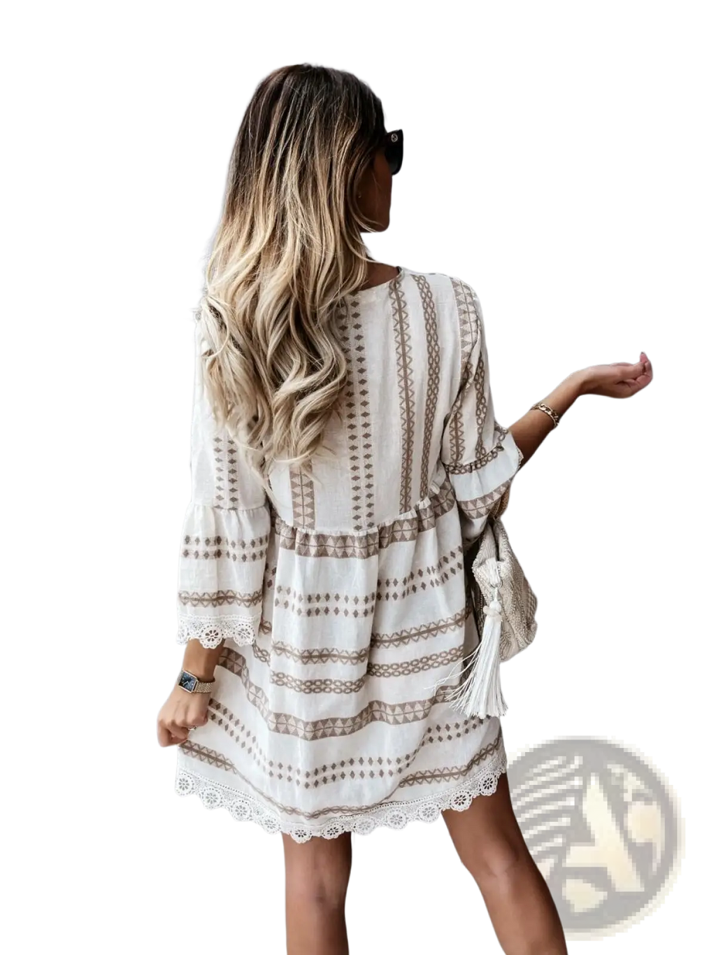 Boho Geometric V-neck Lace Trim Mini Dress