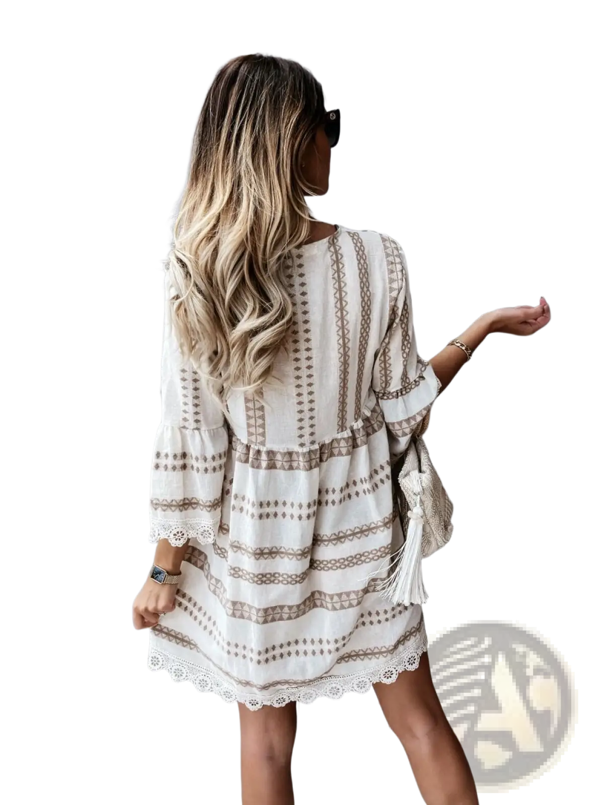 Boho Geometric V-neck Lace Trim Mini Dress