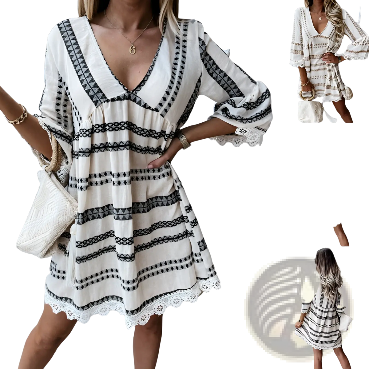 Boho Geometric V-neck Lace Trim Mini Dress