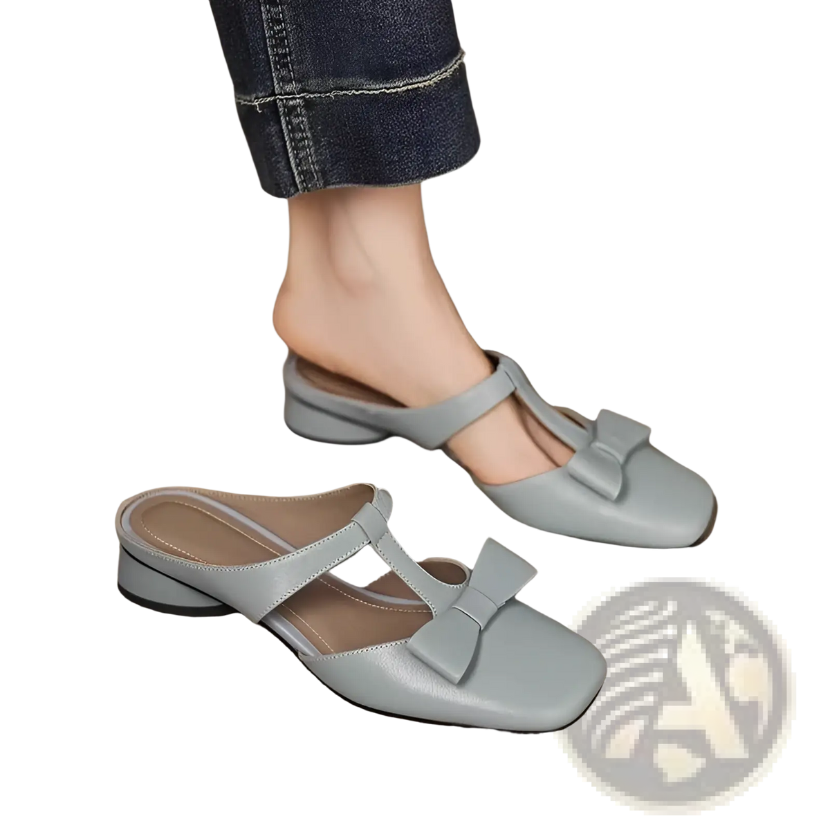 Bow Closed Toe Leather Mule Flats for Women