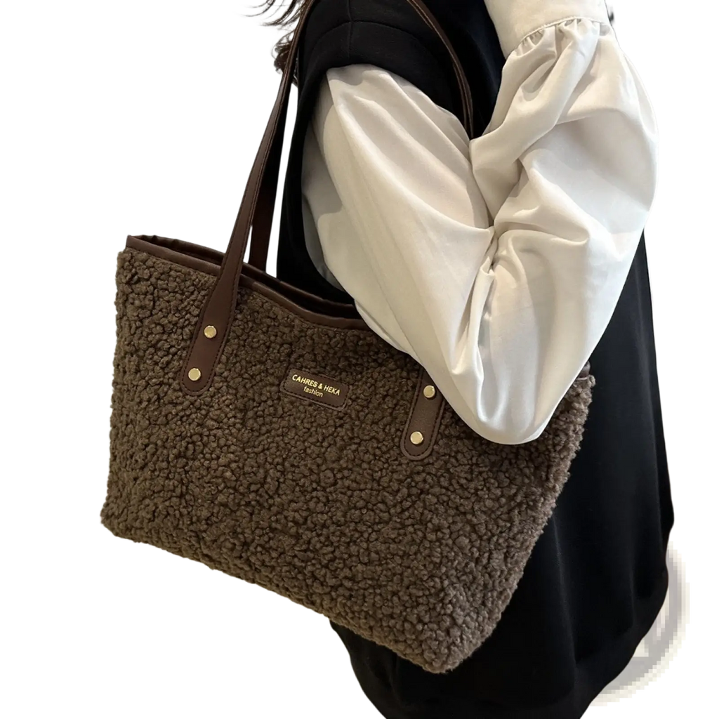 Brown Faux Fur Tote Bag with Leather Straps