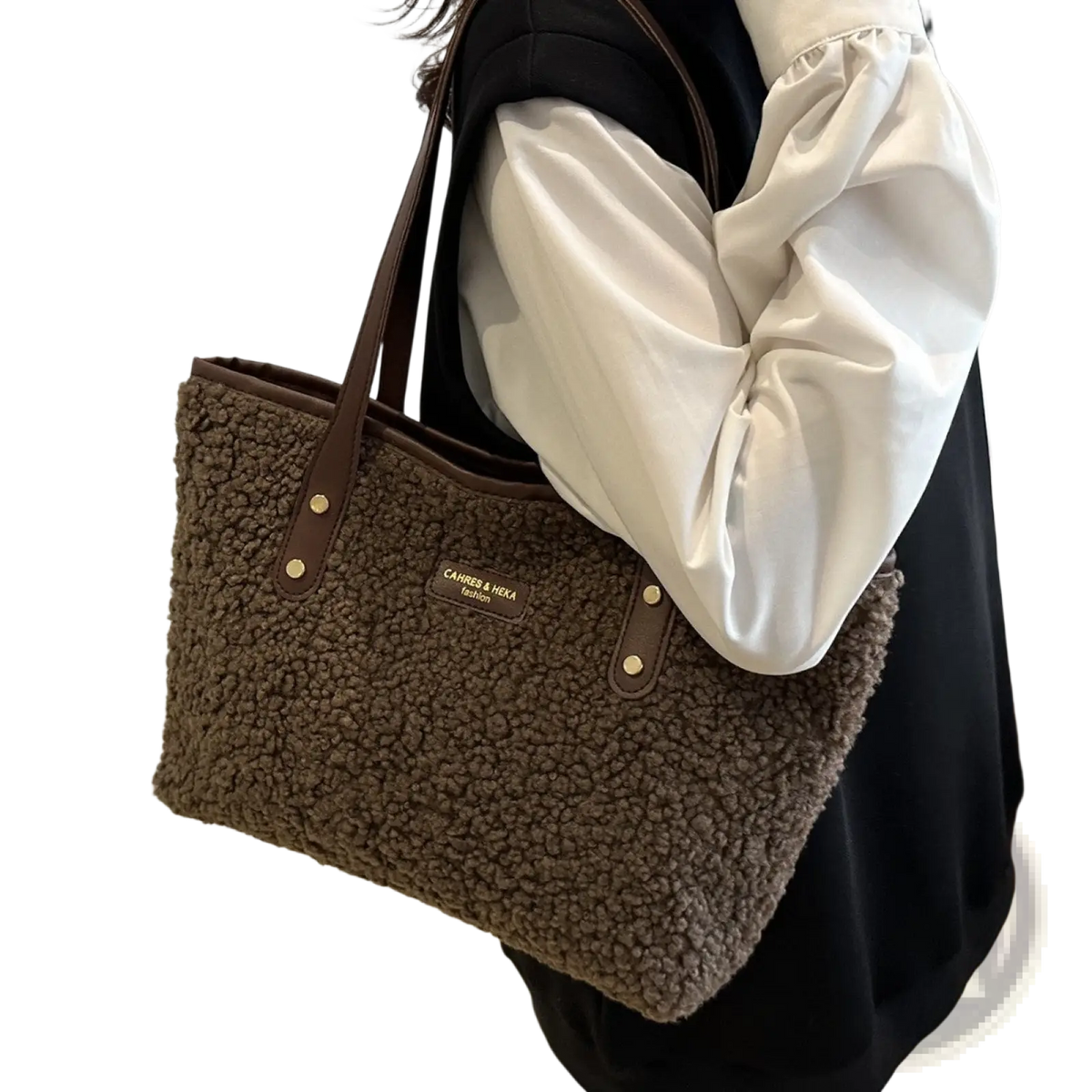 Brown Faux Fur Tote Bag with Leather Straps