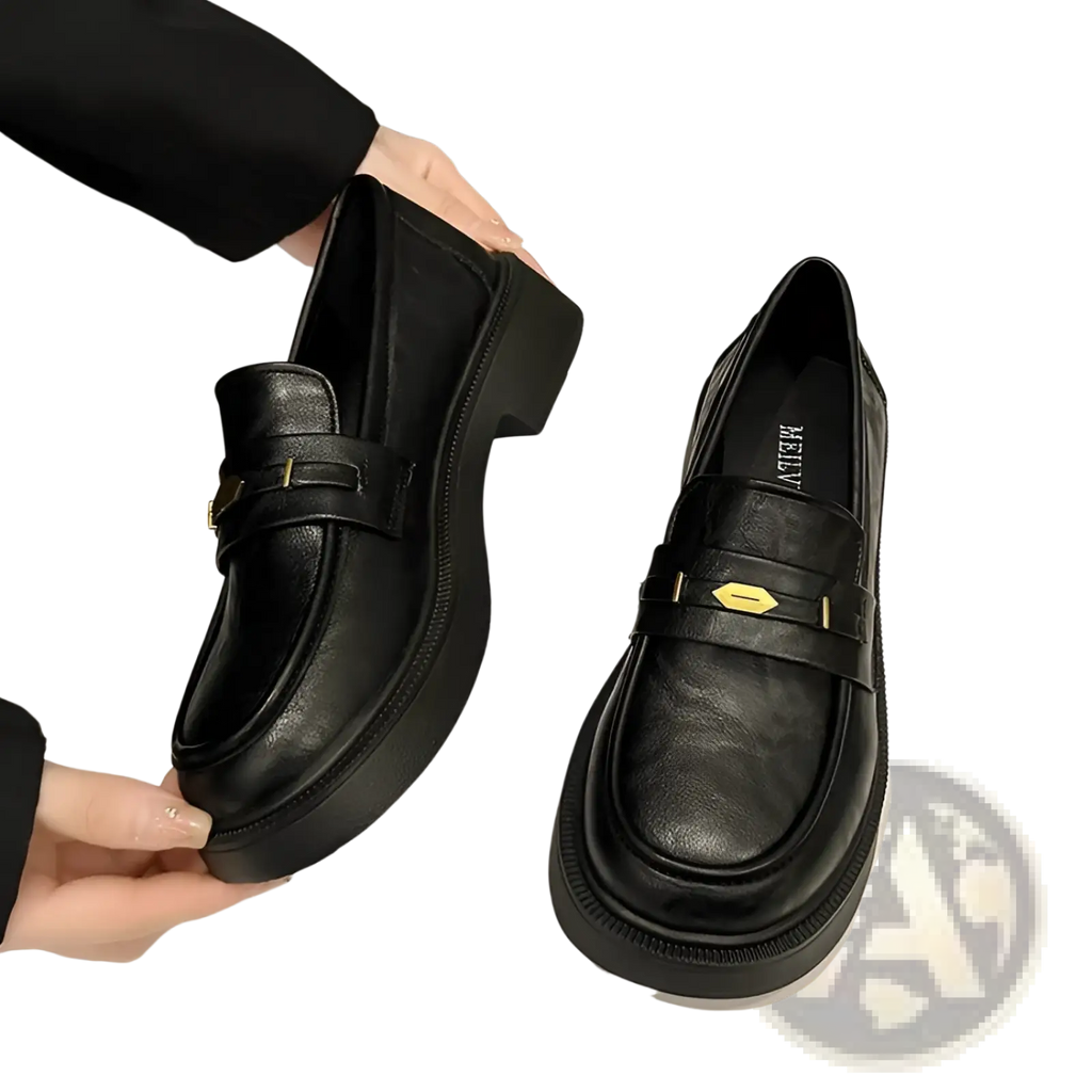 Brown Leather Loafers with Gold Buckle Detail