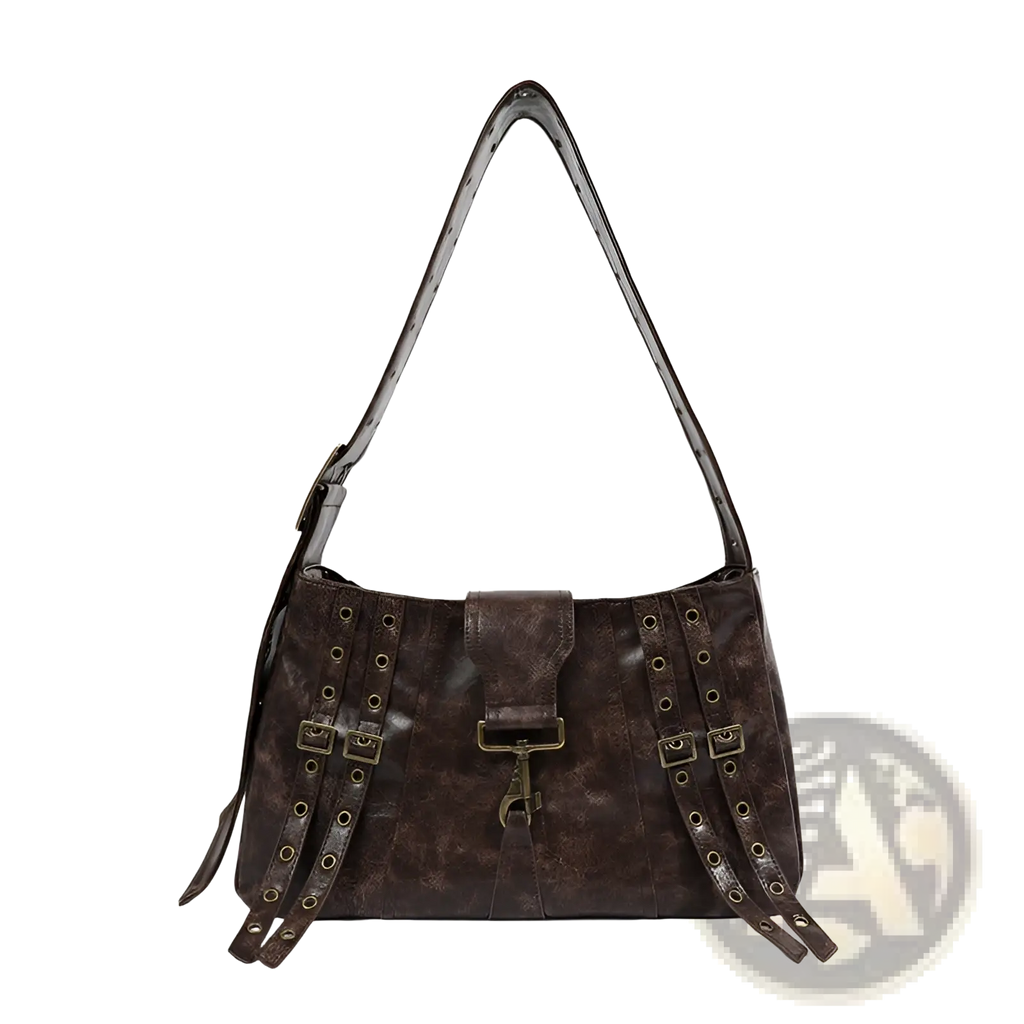 Brown Leather Punk Crossbody Bag with Rivets