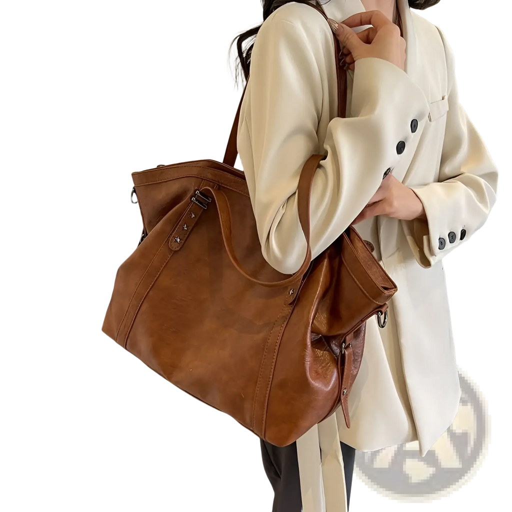 Brown Leather Star Studded Retro Messenger Bag