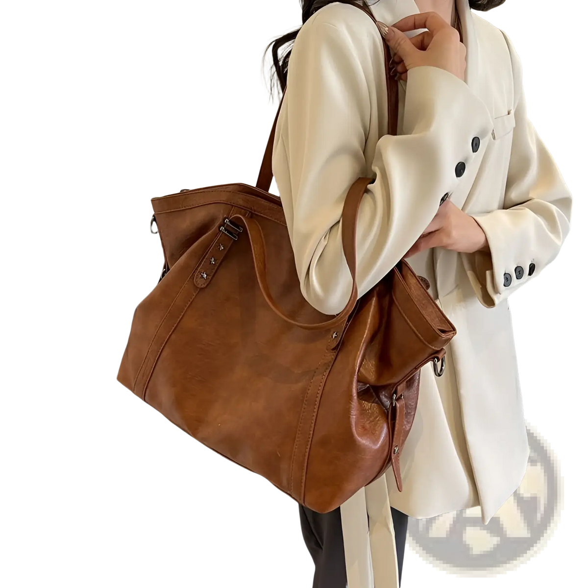 Brown Leather Star Studded Retro Messenger Bag