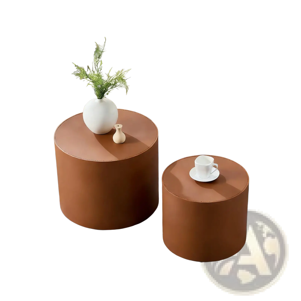 Brown Saddle Leather Cylindrical Coffee Table Set