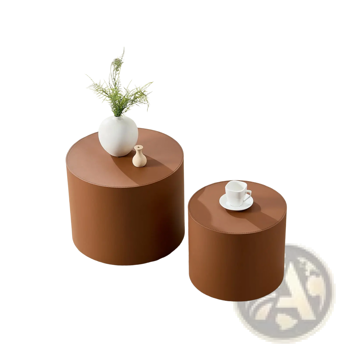 Brown Saddle Leather Cylindrical Coffee Table Set