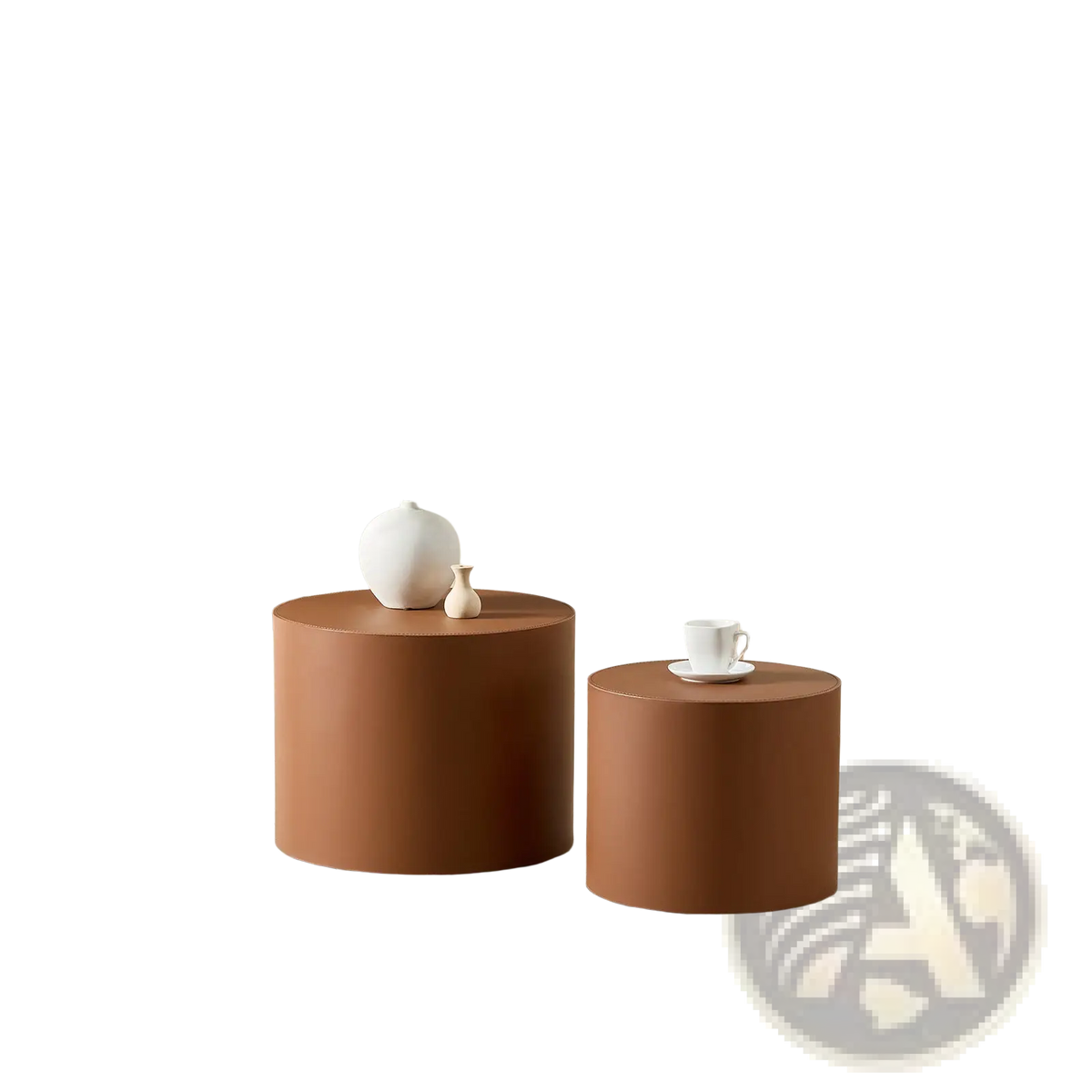 Brown Saddle Leather Cylindrical Coffee Table Set