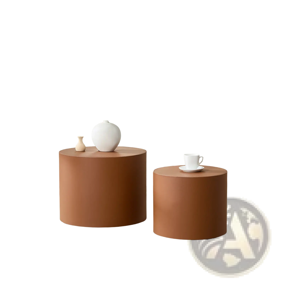 Brown Saddle Leather Cylindrical Coffee Table Set
