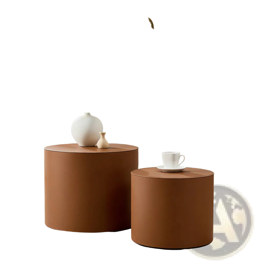 Brown Saddle Leather Cylindrical Coffee Table Set