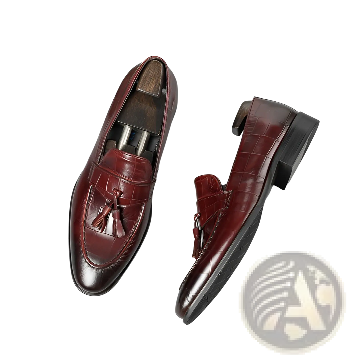 Burgundy Crocodile Embossed Leather Tassel Loafers