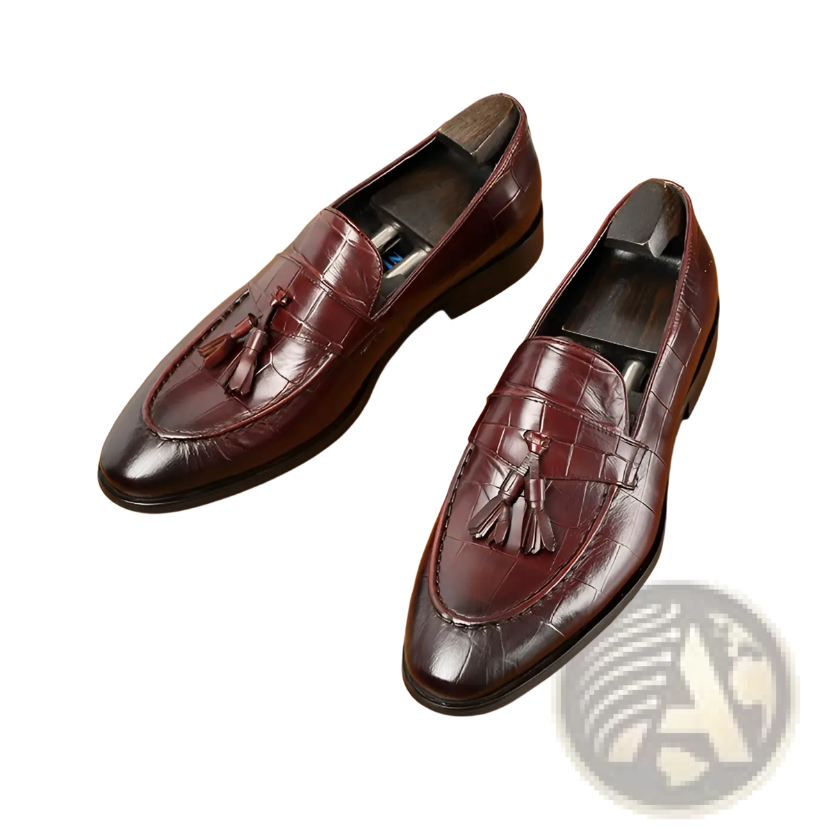Burgundy Crocodile Embossed Leather Tassel Loafers