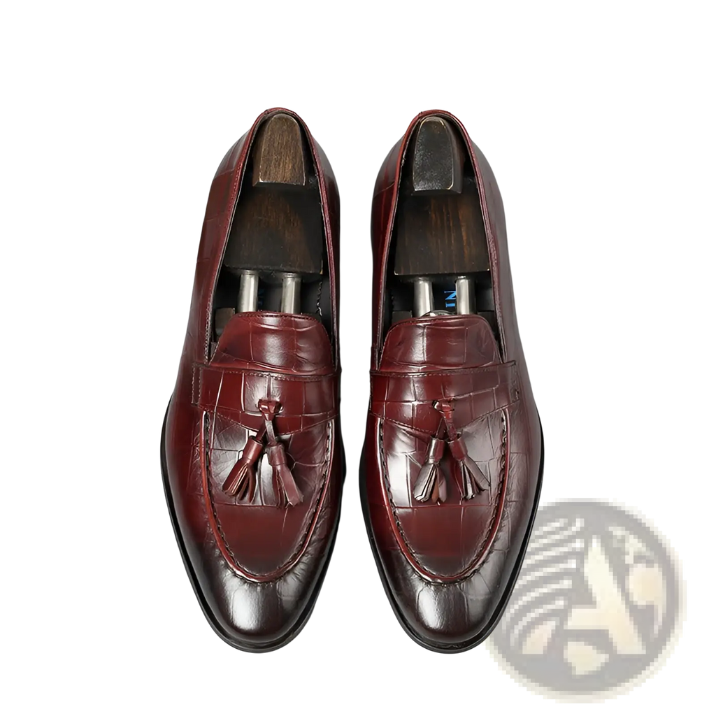 Burgundy Crocodile Embossed Leather Tassel Loafers