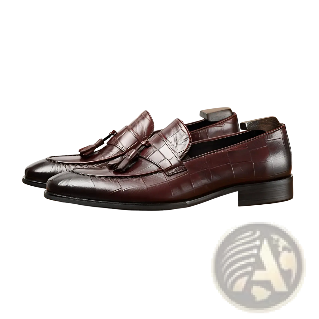 Burgundy Crocodile Embossed Leather Tassel Loafers