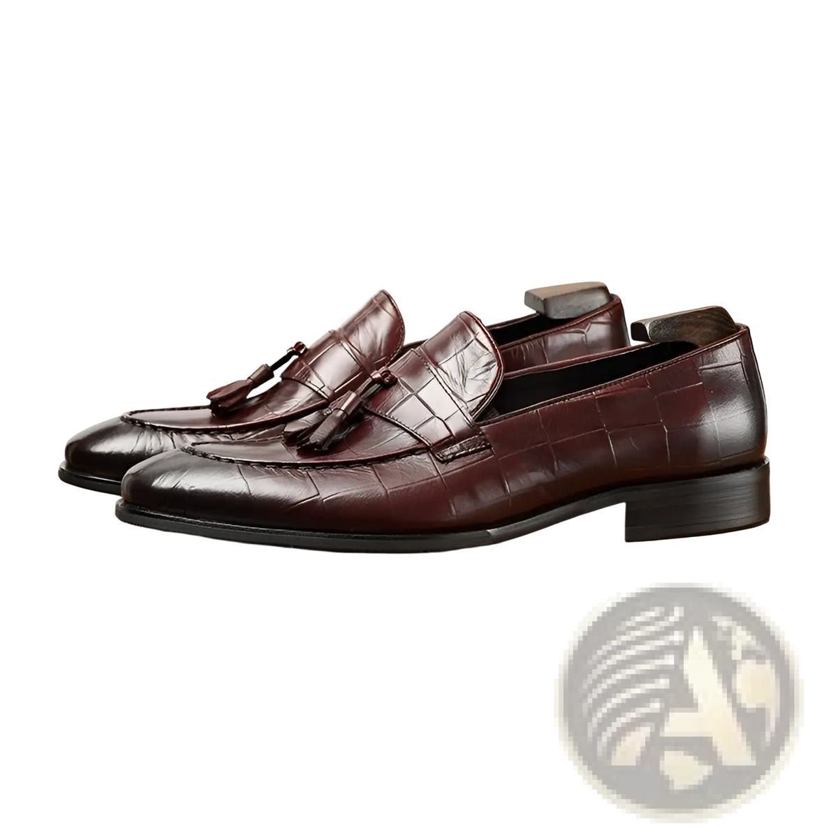Burgundy Crocodile Embossed Leather Tassel Loafers