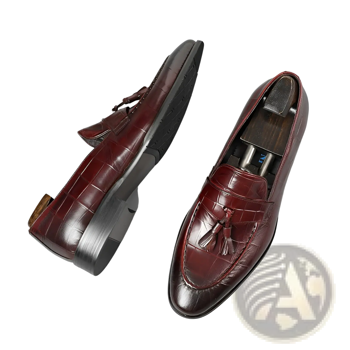 Burgundy Crocodile Embossed Leather Tassel Loafers