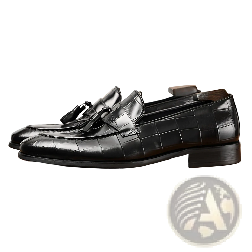 Burgundy Crocodile Embossed Leather Tassel Loafers