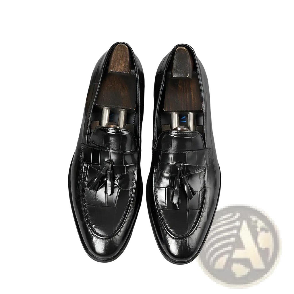 Burgundy Crocodile Embossed Leather Tassel Loafers