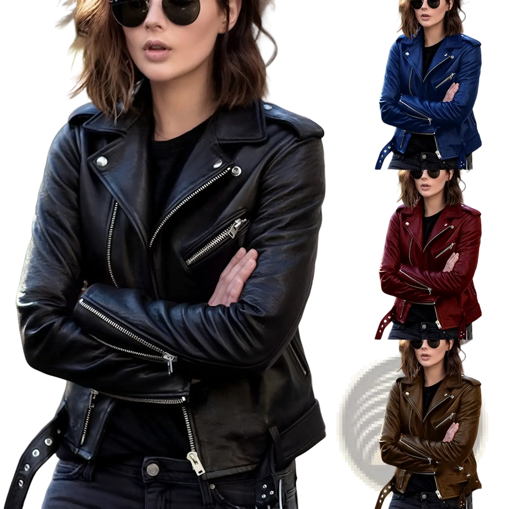 Burgundy Leather Biker Jacket with Silver Zippers