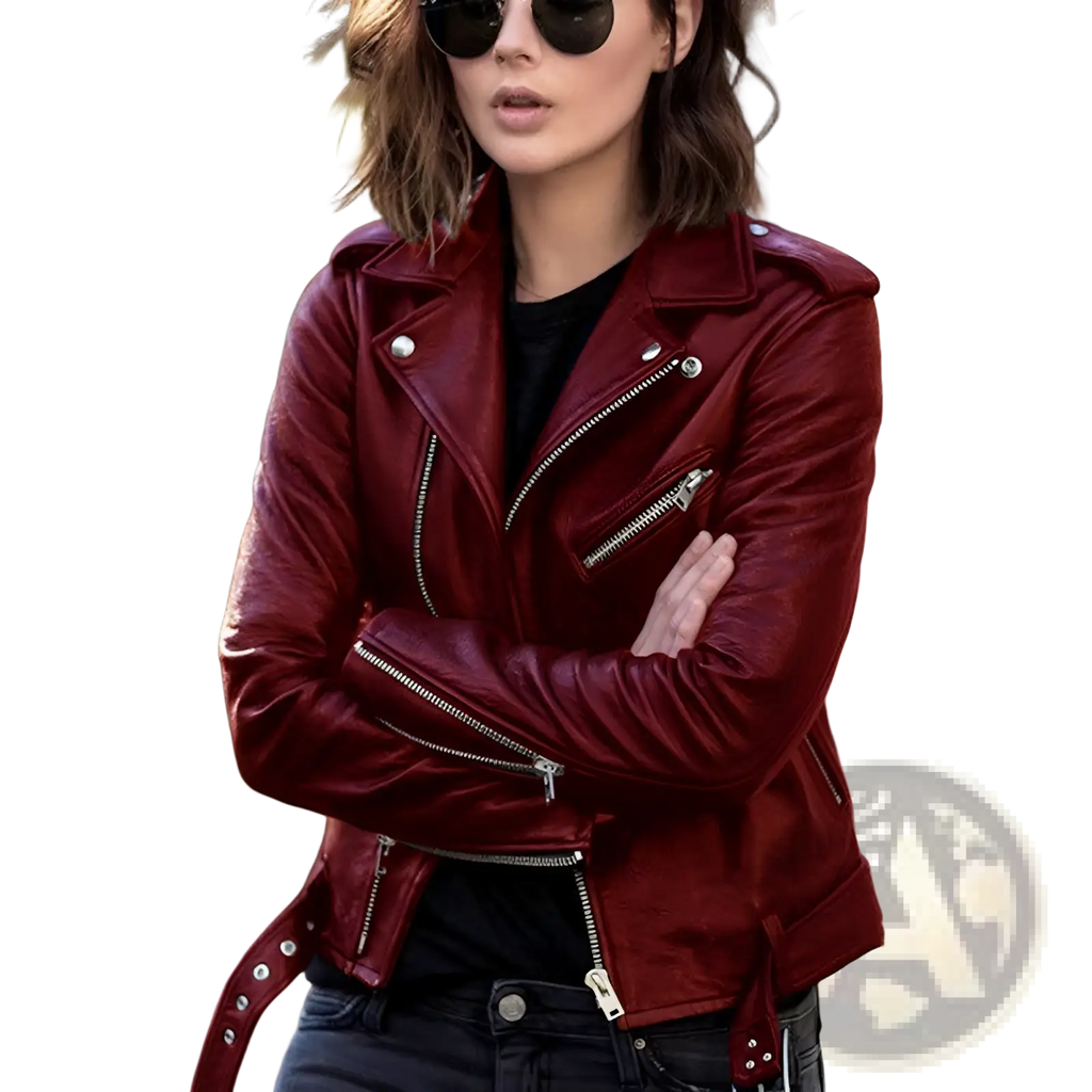 Burgundy Leather Biker Jacket with Silver Zippers