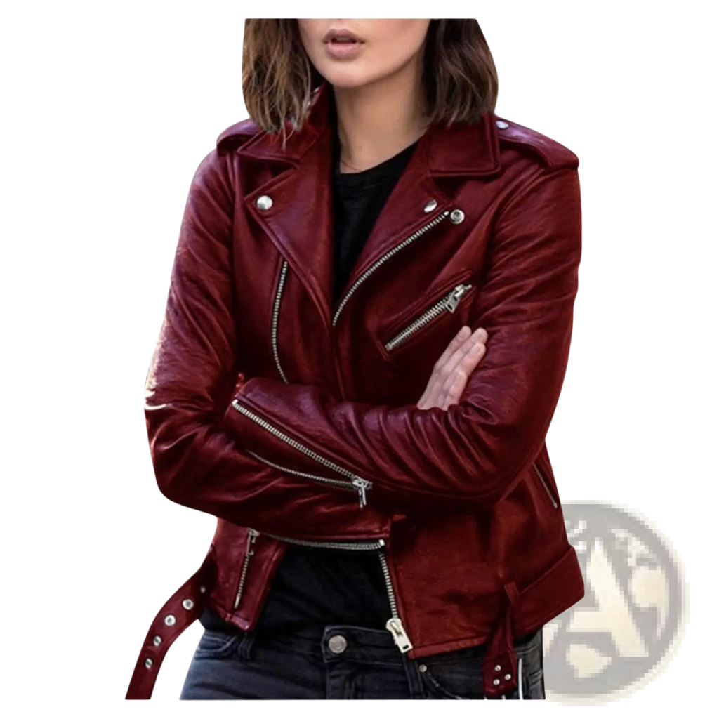 Burgundy Leather Biker Jacket with Silver Zippers