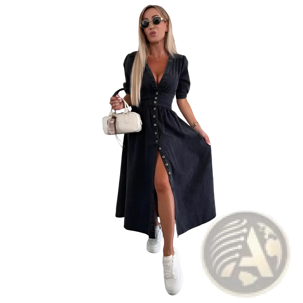 Button Front Denim Midi Dress with Puff Sleeves