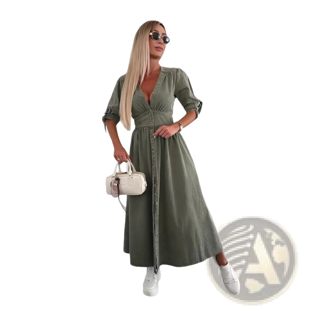 Button Front Denim Midi Dress with Puff Sleeves