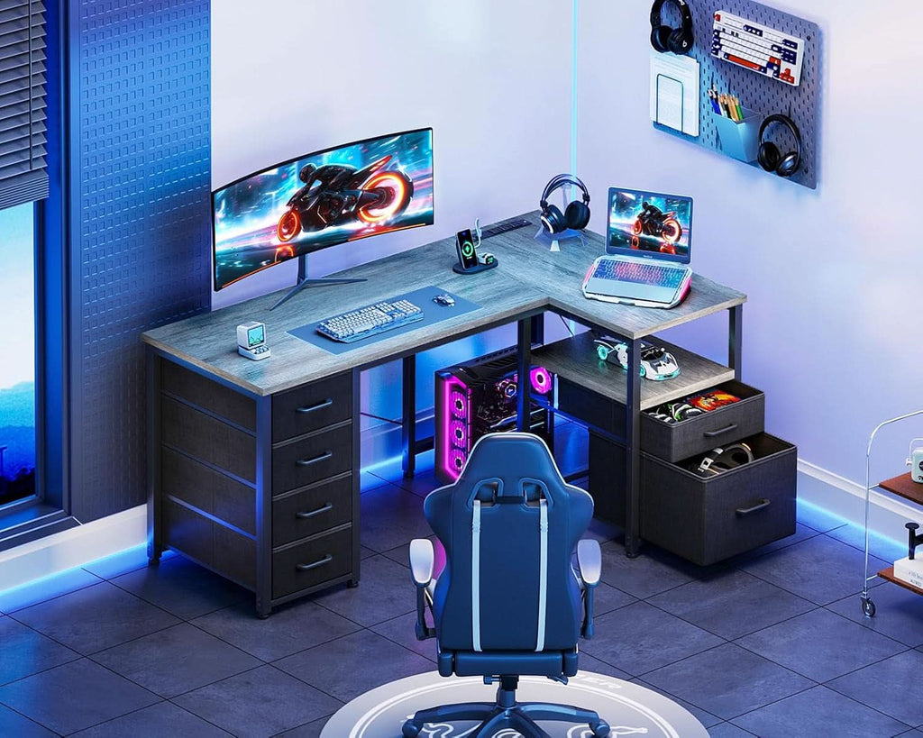 L Shaped Computer Desk With 6 Drawers And Power Outlet