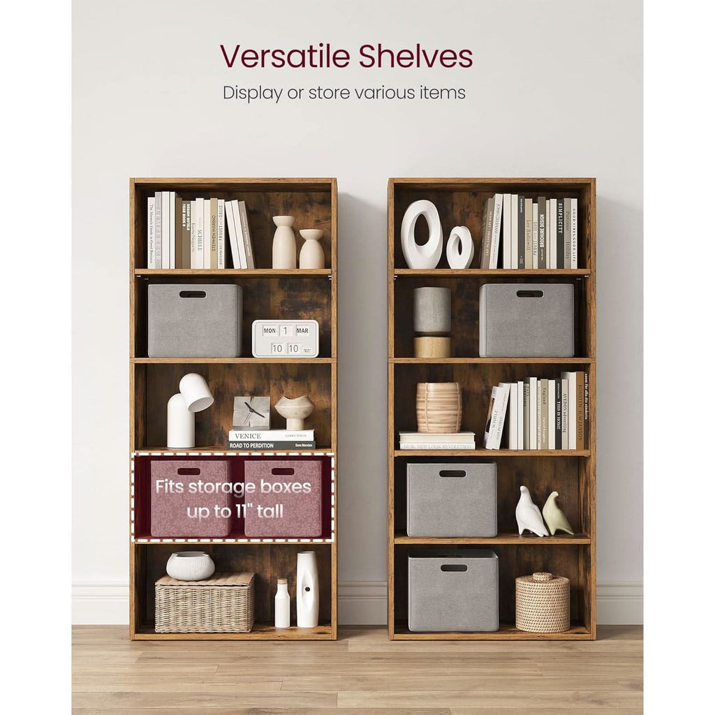 Rustic Brown Bookshelf Five Tier Adjustable Shelves