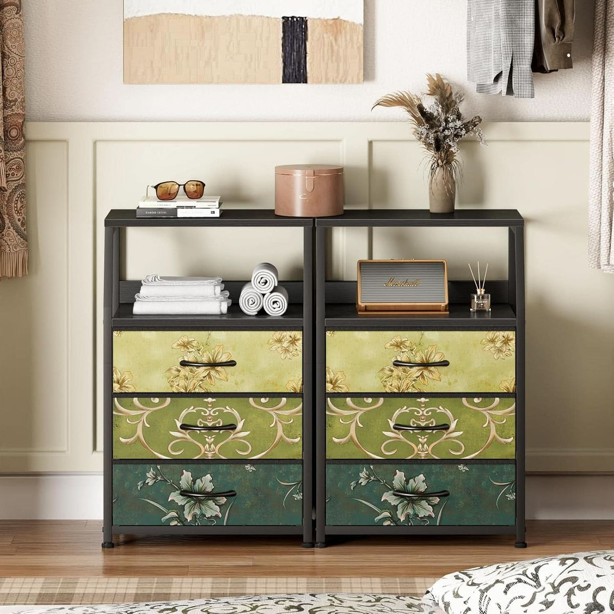 Retro Nightstand With 3 Drawers And 2 Tier Shelf Storage
