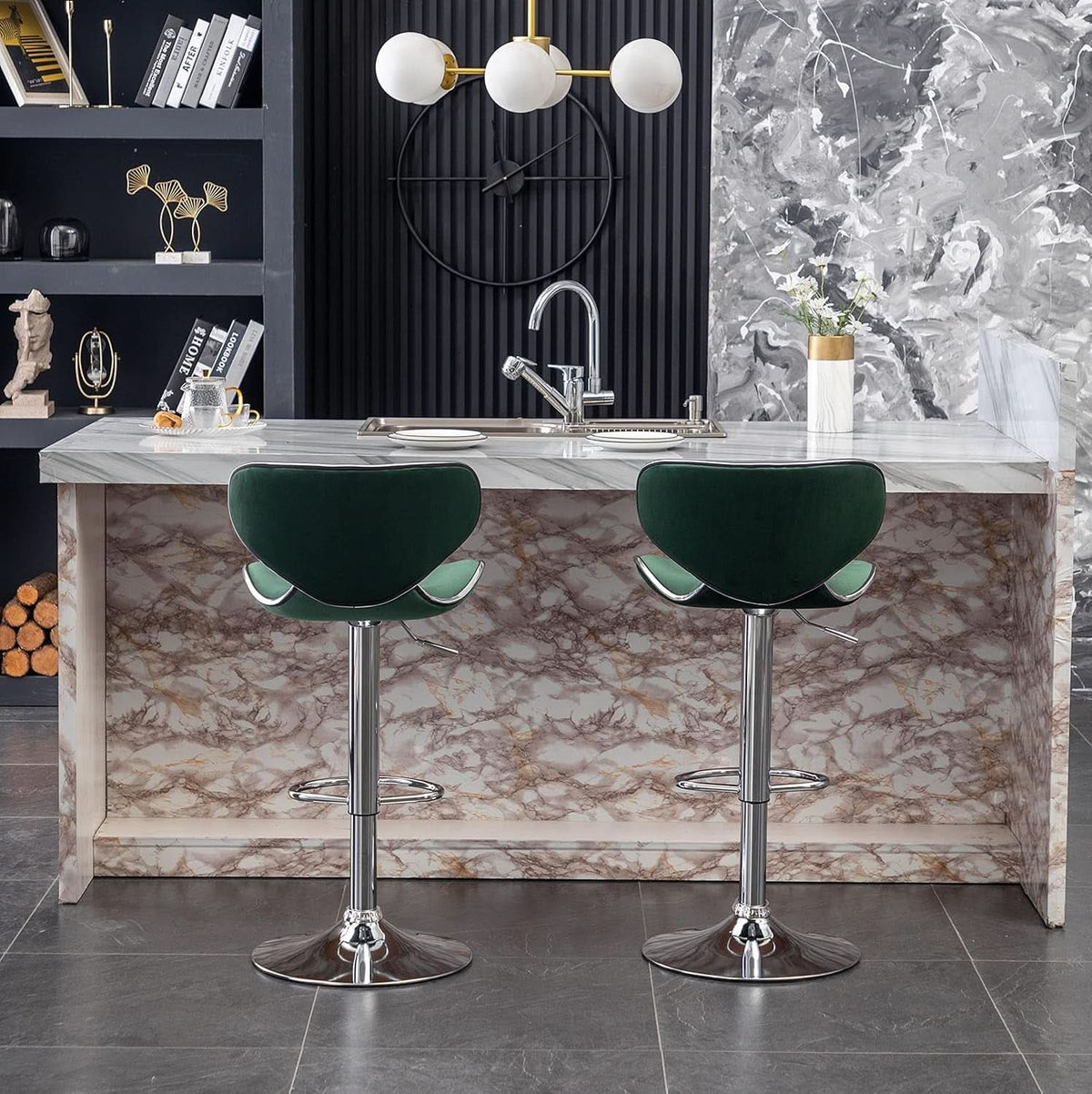 Green Velvet Upholstered Adjustable Swivel Bar Stools Set 2