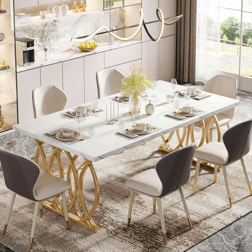 63 Inch Dining Table With Faux Marble Top For Kitchen And Dining Room