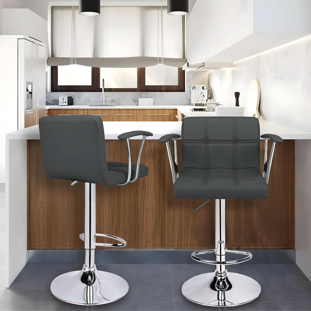 Two Adjustable Swivel Bar Stools With Back Grey PU Leather
