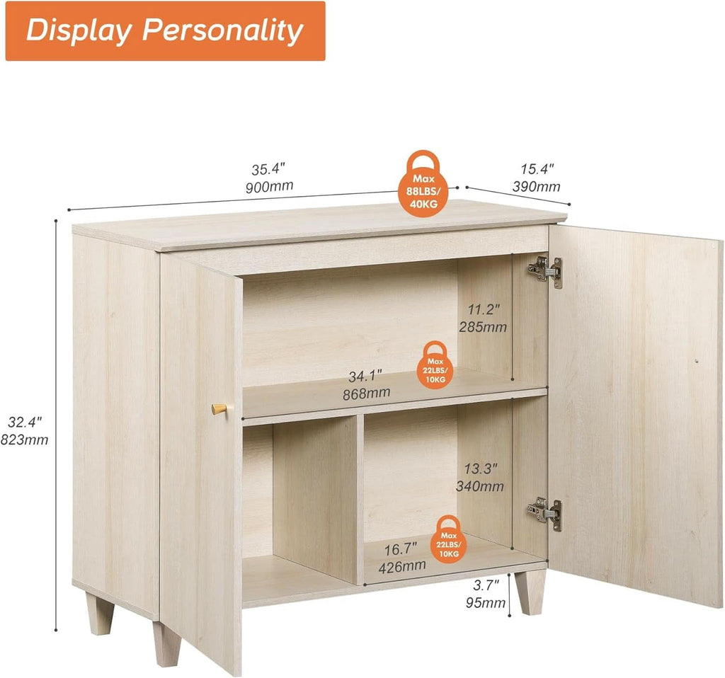 35.4 Inch Wide Light Oak Sideboard Storage Cabinet